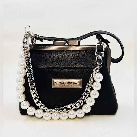 Charles Jourdan Handbags - Charles Jourdan Paris Black Leather Mini Top-Handle Bag W/Pearl & Silver Chain
